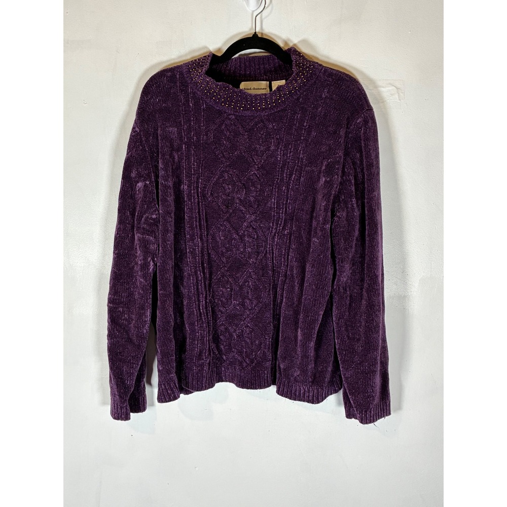 Alfred Dunner Womens XL Purple Chenille Cable Knit Sweater Beaded Mock Neck
